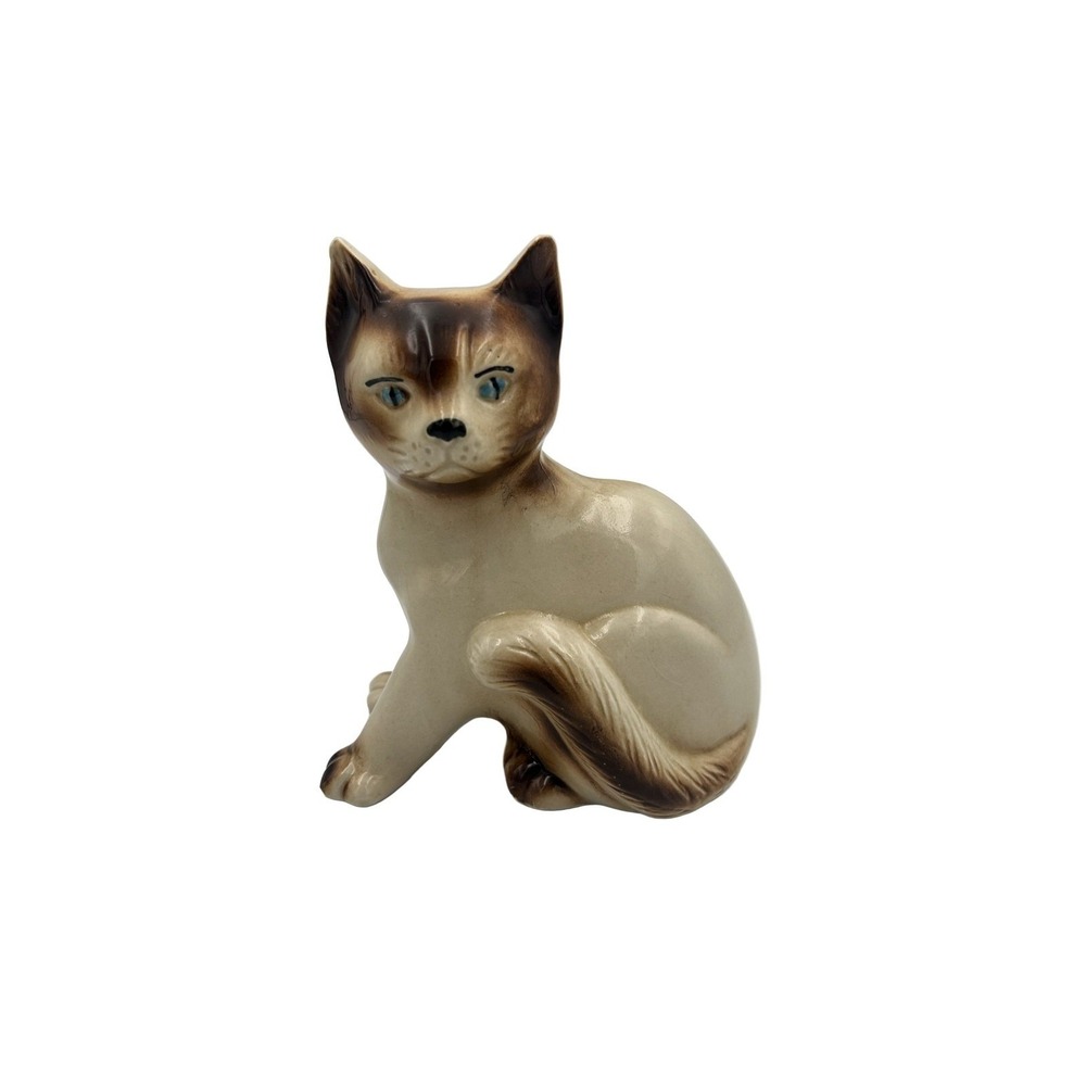 Vintage Siamese Cat Figurine Ceramic Hand Painted 7in Beige Brown Brazil CMC